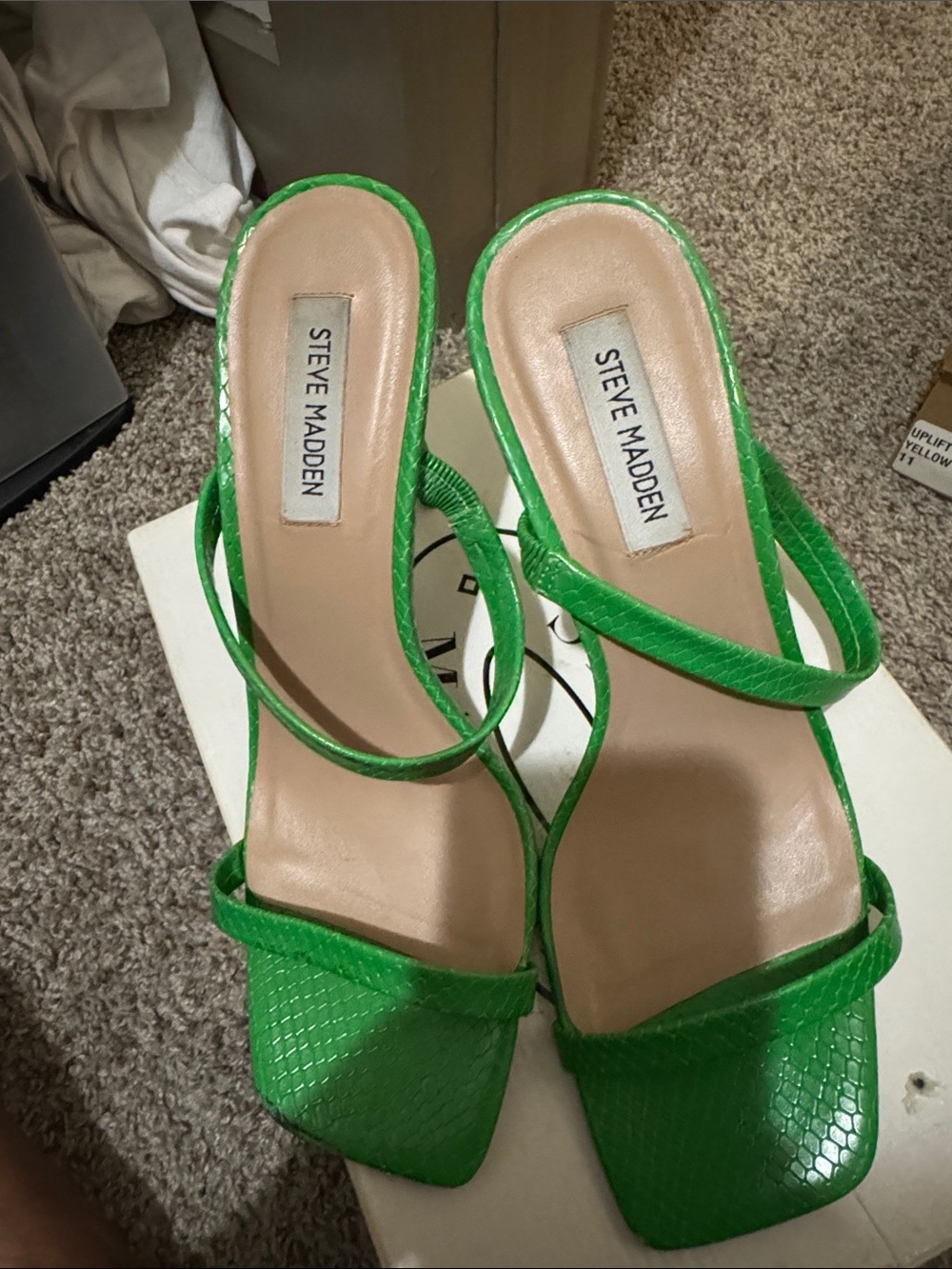 Steve Madden Green Faux-Snakeskin Strappy Square-Toe Heels